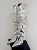 Bottes hautes métallisées argentées femmes bout pointu talon compensé bottes amples