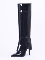 Bottes hautes noires à bout pointu en cuir verni à talons hauts et bottes au genou pliables
