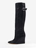 Bottes hautes noires à bout pointu en métal avec talon compensé et longueur au genou