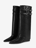 Bottes hautes noires à semelle compensée pour femmes bottes à bout pointu avec boucle et rabat