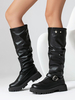 Bottes Hautes Noires Femmes Cuissardes Plates À Bout Rond Avec Boucle Décontracté