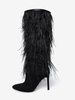 Bottes hautes noires pour femmes bottes à talons aiguilles et détails en plumes longueur genou