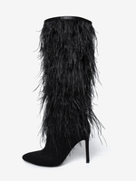 Bottes hautes noires pour femmes bottes à talons aiguilles et détails en plumes longueur genou