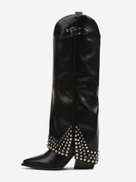 Bottes hautes noires pour femmes bottes à talons épais et bout pointu avec strass