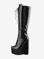 Bottes hautes noires sexy à lacets et talons compensés pour femmes