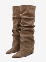 Bottes hautes pour femmes en daim à bout pointu et à rabat plat