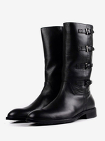 Bottes hautes pour hommes en cuir véritable avec boucle et fermeture éclair