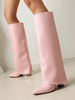 Bottes hautes roses à revers pour femmes bottes à talon épais et bout pointu