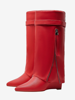 Bottes hautes rouges pour femmes bottes à bout pointu à fermeture éclair repliable à talon compensé