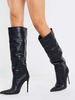 Bottes hauteur genou à bout pointu et talon aiguille pour femme en cuir brillant noir
