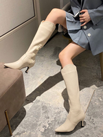 Bottes hauteur genou abricot en cuir Synthétique femmes bout pointu talon chaton large bottes de veau