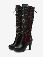 Bottes hauteur genou en cuir PU à talons épais pour femmes