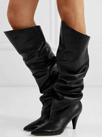 Bottes hauteur genou en cuir Synthétique noir bout pointu talon épais bottes souples pour femmes