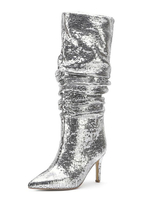 Bottes hauteur genou tissu pailleté argent bout pointu talon aiguille bottes longueur genou pour femme
