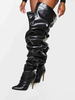 Bottes larges plissées pour femmes bottes à talons hauts cuissardes en cuir noir brillant