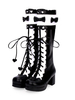 Bottes Lolita classiques à lacets noeud bicolore à talon épais Bottes hauteur genou lolita noires Déguisements Halloween