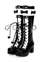 Bottes Lolita classiques à lacets noeud bicolore à talon épais Bottes hauteur genou lolita noires Déguisements Halloween