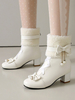 Bottes Lolita de style ROCOCO en cuir PU avec nœuds en dentelle et perles à bout rond chaussures Lolita écrues et blanches
