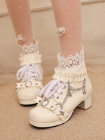 Bottes Lolita de style ROCOCO en cuir PU lacets volants chaînes bout rond chaussures Lolita noires