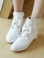 Bottes Lolita de style ROCOCO nœuds blancs volants perles bout rond chaussures Lolita en cuir PU