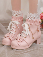 Bottes Lolita douces en cuir PU avec nœuds et bout rond Chaussures Lolita roses