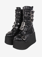 Bottes Lolita Gothiques Cuir PU Œillets Bicolores Bout Rond Chaussures Lolita Noires