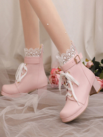Bottes Lolita Sweet Chaussures Lolita en cuir PU à bout rond rose