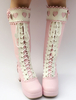 Bottes Lolita Sweet Pink genou haut plateforme Chunky Heel Lace Up bottes Bow Lolita avec découpe coeur Déguisements Halloween