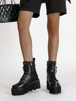 Bottes Martin pour femmes; détails en métal; bout rond; talon épais; bottines noires en cuir PU