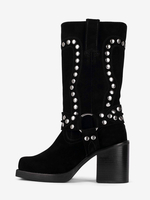 Bottes mi-mollet à clous en daim talon bloc bout rond détails de boucle