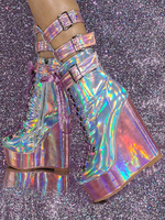 Bottes mi-mollet à talon compensé et bout rond en PU verni pour femme