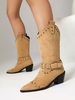 Bottes mi-mollet à talon épais et bout pointu en micro-suède abricot pour femmes