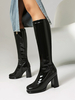 Bottes mi-mollet à talon épais et bout rond en cuir PU noir pour femmes