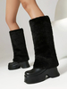 Bottes mi-mollet à talon épais et bout rond en cuir PU noir pour femmes