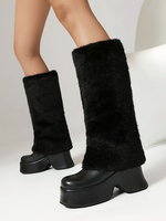 Bottes mi-mollet à talon épais et bout rond en cuir PU noir pour femmes
