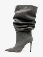 Bottes mi-mollet à talons hauts en toile grise Bottes souples à talon aiguille et bout pointu