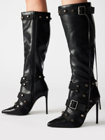 Bottes mi-mollet en cuir PU déco en métal et bout pointu pour femme