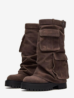 Bottes mi-mollet en daim pour femme plateforme bout rond boucle bottes déquitation avec poches