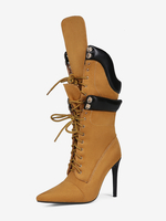 Bottes mi-mollet en daim pour femmes bout pointu lacets talons hauts