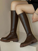 Bottes mi-mollet femme café marron cuir PU bout rond bottes à talons épais
