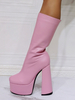 Bottes mi-mollet femme rose plate-forme en cuir PU bout rond talon épais bottes à fermeture éclair géométrique