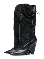 Bottes mi-mollet noires à bout pointu Talon moyen à lacets Bottes en cuir Synthétique