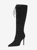Bottes mi-mollet noires en daim à bout pointu et talon aiguille à lacets