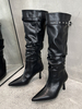 Bottes mi-mollet noires pour femmes bout pointu talon aiguille boucle bottes à talons hauts souples