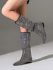 Bottes mi-mollet noires pour femmes chaussures plates à bout pointu avec strass