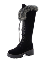 Bottes mi-mollet pour femme; hiver noir; lacets à bout rond; bottes à talons carrés avec fausse fourrure