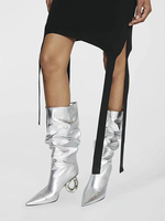 Bottes mi-mollet pour femmes bottes souples argentées à bout pointu et à talon de forme spéciale