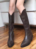 Bottes mi-mollet pour femmes; bottines de cow-boy à bout pointu en cuir Synthétique marron café