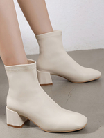 Bottes mi-mollet pour femmes; bout carré; talons épais; bottines abricot