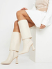 Bottes mi-mollet pour femmes écru blanc en cuir PU bout pointu talon épais bottes mi-mollet